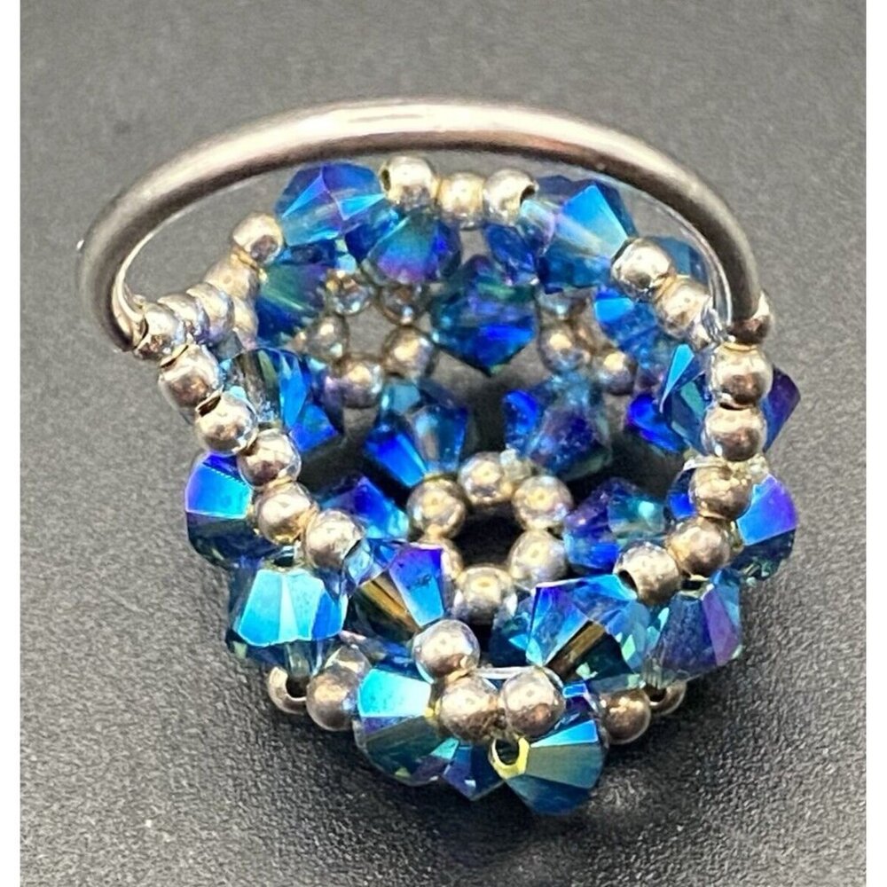 Tested Sterling Silver Ring Blue AB Bicone Crystal Dome Woven Bead Size 6 Floral - Picture 4 of 12